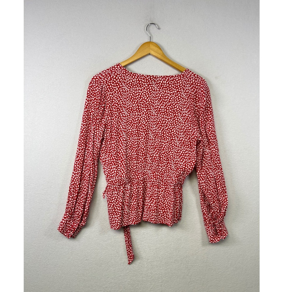Talbots Red White Abstract Print Wrap Top‎ Long Sleeve Tie Waist Shirt Womens L